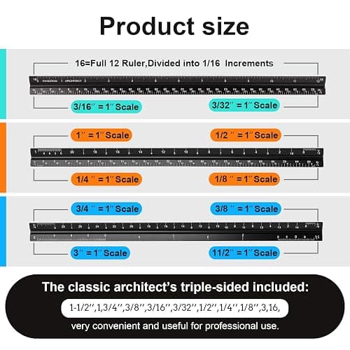 Architectural Scale Ruler, Imperial Measurements 12'', Laser-Etched Aluminum Architect Triangular Ruler Black for Architects, Students, Draftsman, and Engineers by mveohos thumbnail 2