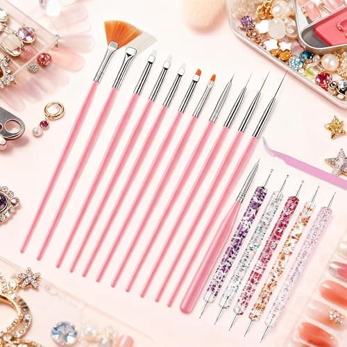 Nail Art Tools Set, Nail Art Kit for Beginners: 15 professional nail brushes for nail art, 5 precision dotting tools, 1 pink curved tweezers, Design Tools for Nail Tech & Beginners thumbnail 6