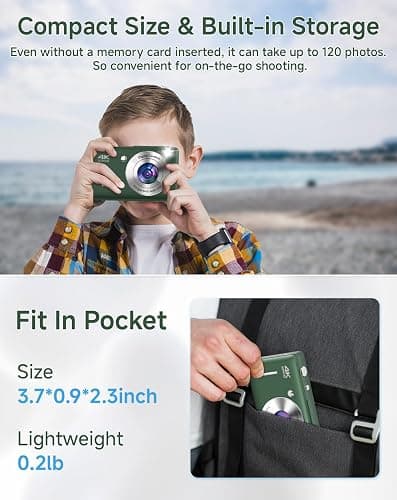 Digital Camera for Kids, FHD 1080P 44MP Point and Shoot Digital Camera with Face Detect, Smile Capture, 16X Zoom, 20 Filters, Anti Shake, 32GB SD Card Green Compact Vintage Camera thumbnail 7