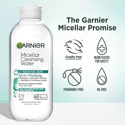 Garnier Micellar Water with Salicylic Acid, All-in-1 Mattifying Facial Cleanser and Makeup Remover for Oily and Acne Prone Skin, 13.5 Fl Oz thumbnail 4