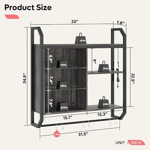 Bestier Gaming Floating Shelves, 34" LED Wall Mounted Shelf with Adjustable Glass Shelf, Pipe Shelves Hanging Display Rack Bookshelf with 6 S-Hook, Gaming Room Decor Wine Coffee Bar Black thumbnail 9