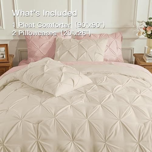 Andency Beige Comforters Queen Size, 3 Pieces Cream Bedding Set & Collections for Women Men, All Season Soft Fluffy Lightweight Pinch Pleat Bed Comforter Set (90x90Inch) thumbnail 8