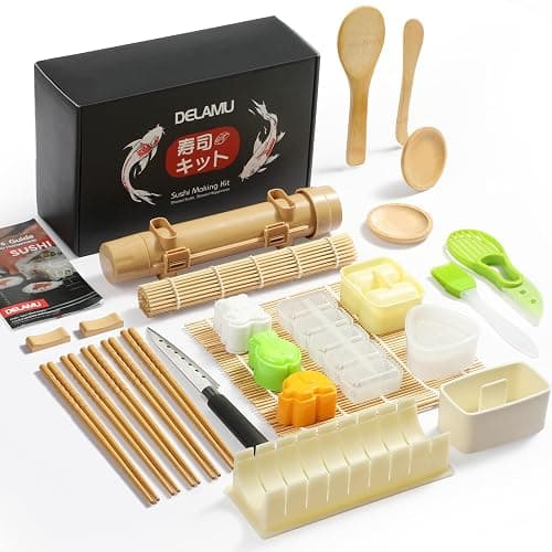 Delamu Sushi Making Kit 27 in 1 [Parent-Child] Sushi Kit, for Beginners/Pros Sushi Makers, with Bamboo Sushi Mats, Sushi Bazooka, Onigiri Mold, Rice Paddle, Sushi Knife, Guide Book & More - Image 1