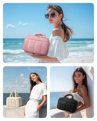 BAGSMART Travel Toiletry Bag, Puffy Large Toiletry Bag for Women, Lightweight Cosmetic Makeup Bag Organizer with Handle for Traveling, Accessories, Essentials, Toiletries （Beige thumbnail 3