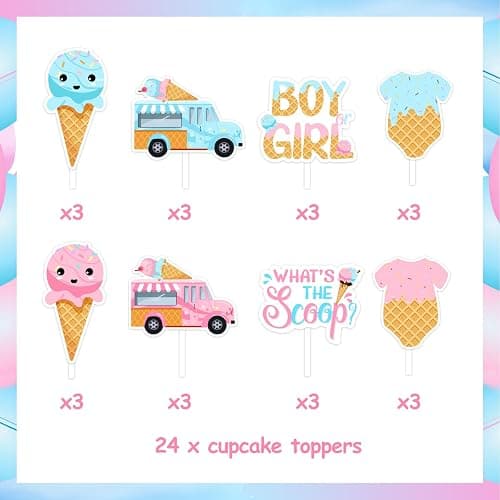 JOYMEMO 24 Pcs What's The Scoop Gender Reveal Cupcake Toppers - Pink Blue Ice Cream Baby Shower Decorations, Double Sided Paper Ice Cream Cake Decor for Pregnancy Celebration Newborn Party thumbnail 6