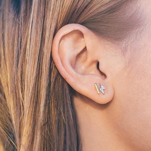 PAVOI 14K Gold Plated Dainty Stud Earrings for Women, CZ Earring Piercing | Hypoallergenic Earrings with 925 Sterling Silver Posts, Bolt, Moon, Star & Flower Celestial Studs with Cubic Zirconia thumbnail 4