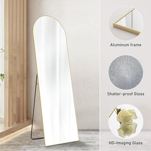 Sweetcrispy Arched Full Length Mirror 64"x21" Full Body Mirror Floor Mirror Standing Hanging or Leaning Wall, Large Arch Wall Mirror with Stand Aluminum Alloy Thin Frame for Bedroom Cloakroom,Gold thumbnail 5