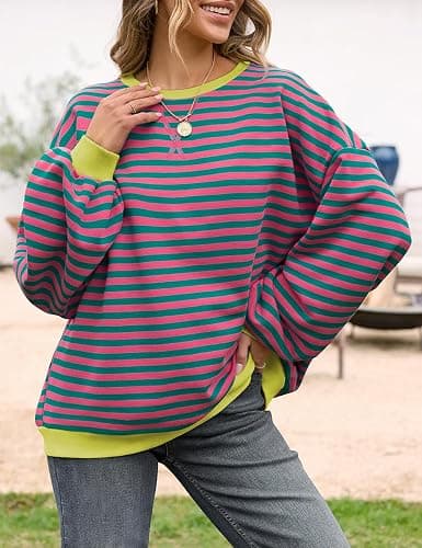 UEU Women Oversized Striped Crewneck Sweatshirt Long Sleeve Color Block Pullover Tops Casual Loose Workout Shirt thumbnail 3