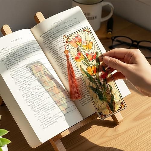Zaamwoyy 4 Pcs Stained Glass Art Bookmarks for Reading Women, Flower Transparent PVC Bookmark with Tassels, Cute Book Accessories, Unique Book Marks for Bookish, Birthday Christmas Gift thumbnail 5