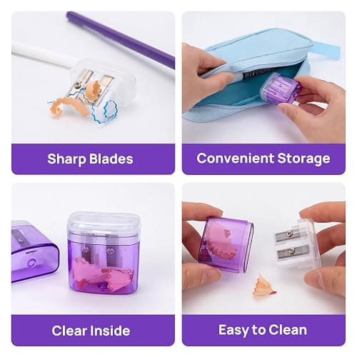 JEFURE Pencil Sharpeners 4Pcs, Manual Pencil Sharpener with Container, Dual Holes Sharpener with Lid for Kids, Students, Adults, School, Home and Office, Purple thumbnail 6