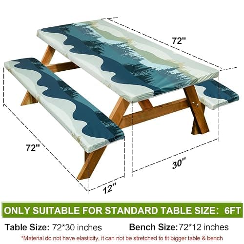 Picnic Table Cover with Bench Covers Camping Essentials Waterproof Windproof Camping Tablecloth with Drawstring Bag, Fitted Rectangle Tables and Seats, 72in, Green Blue thumbnail 2