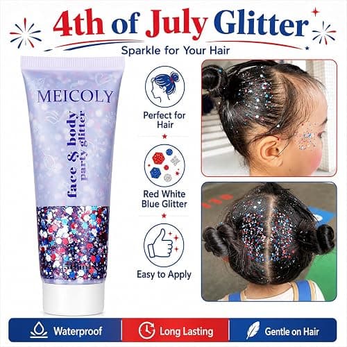 MEICOLY Red White and Blue Face Glitter,4th of July Patriotic Accessories,Star Hair Glitter for Kids,4th of July Outfits for Women,Self-Adhesive Body Glitter for President's Day Veterans Day thumbnail 4