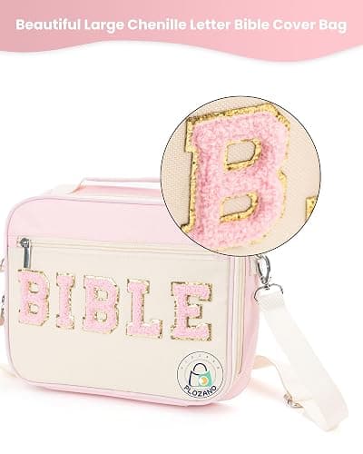 PLOZANO Bible Cover Case for Women, Large Chenille Letter Bible Bag with Shoulder Strap,Pink Bible Carrying Tote Bags for Bible Study Accessories, for Women Lady Teen Grils thumbnail 3