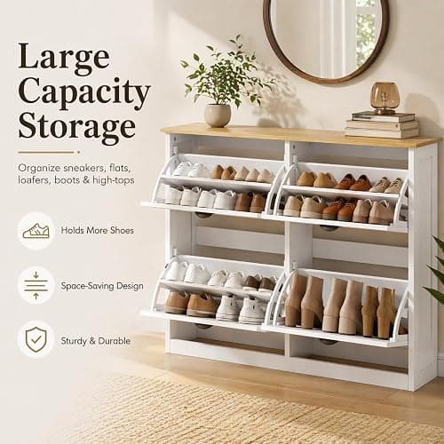 Shoe Storage Cabinet for Entryway, 16-24 Pairs Farmhouse Slim Shoe Cabinet with 4 Flip Drawers, Adjustable Shelves & Anti-Tipping Freestanding White Shoe Organizer for Small Space Hallway Apartment thumbnail 6