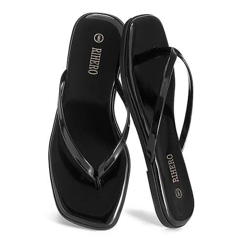 Rihero Flip Flops for Women Comfortable Square Toe Beach Sandals Slip On Leather Thong Flat Sandals Dressy thumbnail 5