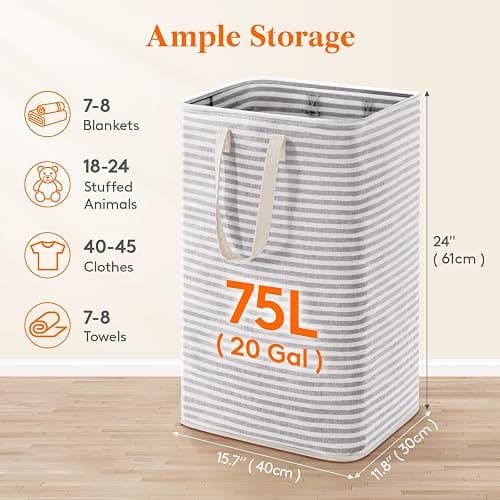 Lifewit 75L Large Collapsible Laundry Hamper, Tall Foldable Dirty Clothes Baskets Waterproof, Freestanding Design with Easy Carry Handles in Dorm Bedroom Bathroom College, Grey thumbnail 2