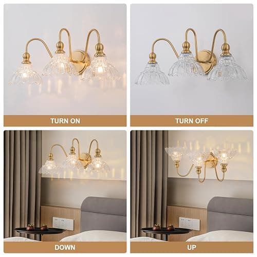BrkNit Vintage Bathroom Light Fixtures Over Mirror, 3-Light Brass Wall Sconce Lighting with Flower Glass Shade, Farmhouse Vanity Lights for Bedroom Kitchen Living Room Hallway Light thumbnail 5