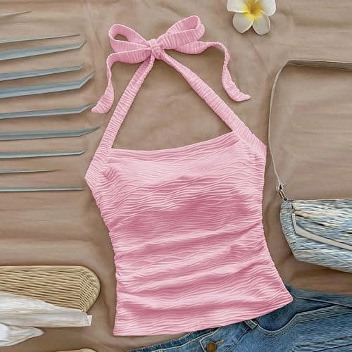 Womens Cute Crop Halter Tops Tie Back Textured Going Out Tank Top Ruched Slim Y2k Camisole Summer Vacation Cami Shirt thumbnail 2