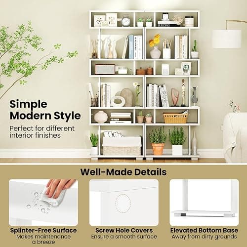 Giantex 6-Tier Geometric Bookcase, 64" Tall S-Shaped Bookshelf with Anti-Tipping Kit, Wood Freestanding Decorative Storage Display Shelves for Living Room, Bedroom & Home Office, White thumbnail 9