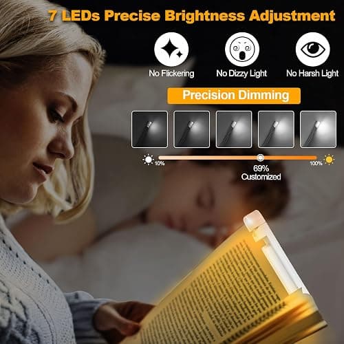 HIONXMGA Book Reading Light,Silent Touch Books Lamp for Reading in Bed,Rechargeable Clip on Booklight with 3 Amber Colors & 7 LEDs Precise Dimming for Eye Caring Night Reading,Book Lovers,Kids,White thumbnail 3