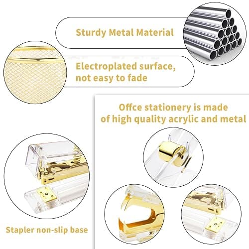 Gold Desk Accessories, Office Supplies Set with Acrylic Stapler, Tape Dispenser, Staple Remover, Pen Holder, Scissor, Binder Paper Clips, 1 Ballpoint Pen, 1 Clear Tape and 1000pcs Staples thumbnail 7