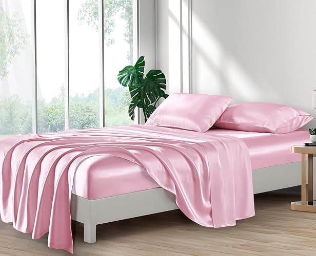 Silk like Satin Sheets, Full Size Bed Sheet Set, Pink, 4 Piece | Deep Pocket, Soft Cooling Feel, 360-Degree Elastic & 4 Corner Straps, Skin & Hair Friendly, Hypoallergenic thumbnail 4