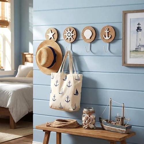 AceOrbit 4 Pcs Home Beach-Themed Towel Hooks Wall Hooks Beach Towel Hook Decorative Wall Hanging for Clothes Towels Hats Bag(Nautical) thumbnail 4
