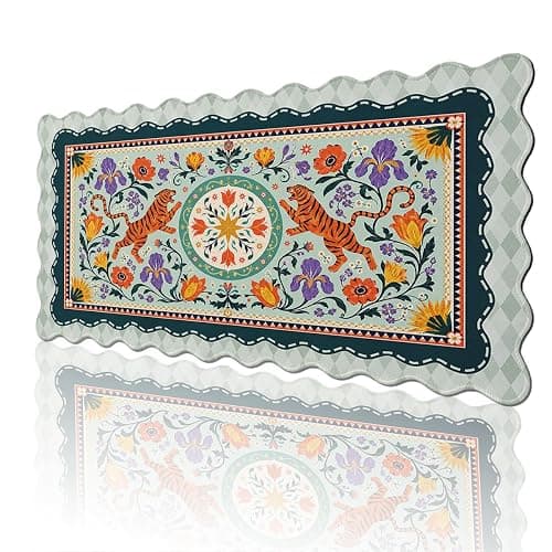 CWQKRH Tiger Floral Scalloped Desk Mat Boho Botanical Medallion Medallion Extended Mousepad Waterproof Stitched Edges Rubber Base Non-Slip Deskmap Computer Keyboard Mat 31.5x15.7 Inch - Image 1
