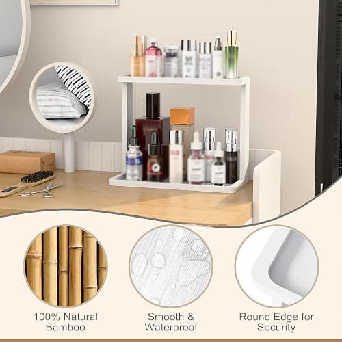 PEKER Bamboo Bathroom Organizer Countertop – Small Vanity Storage Shelf for Makeup, Perfume, Skincare – Natural Cosmetics Display Rack for Dresser, Sink, Kitchen –White thumbnail 6