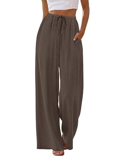 Sampeel Wide Leg Pants for Women Flowy Palazzo Drawstring Elastic Waist Trousers with Pockets Summer Beach Vacation Clothes thumbnail 2