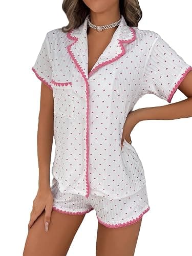 SHENHE Women's Cute 2 Piece Button Up Short Sleeve Top and Shorts Summer Pajamas Set - Image 1