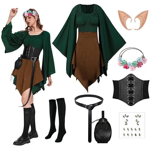 HODBLKT 8PCS Women Elf Costume Renaissance Traditional Irish Dress Fairy Costume Halloween Medieval Dress - Image 1