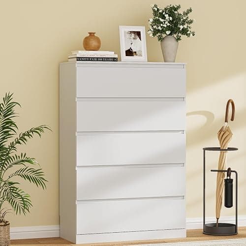 Dresser for Bedroom with 5 Drawers, 14.2" D x 31.5" W x 47.3" H, White | Modern Chest of Drawers with Hidden Drawer,Wood Storage Dresser, Storage Organizer for Living Room, Closet, Hallway thumbnail 2