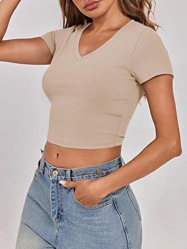 Tankaneo Womens Crop Tops Ribbed V Neck Short Sleeve Summer Basic Tees Slim Fit Y2k Shirts thumbnail 4