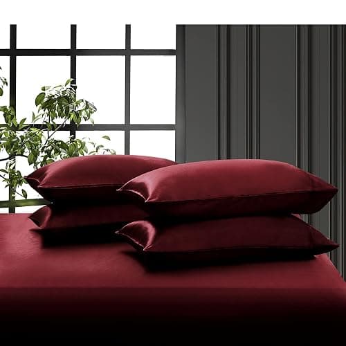 P Pothuiny 6 Pieces Queen Satin Sheets Luxury Silky Burgundy Satin Bedding Sheet Set, 1 Deep Pocket Fitted Sheet + 1 Flat Sheet + 4 Pillow Cases thumbnail 7
