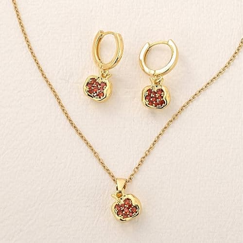 KOFISNI Pomegranate Earrings Pomegranate Necklace for Women 18K Gold Plated Red Pomegranate Rhinestone Pendant Necklace Hoop Earrings Jewelry Set thumbnail 4