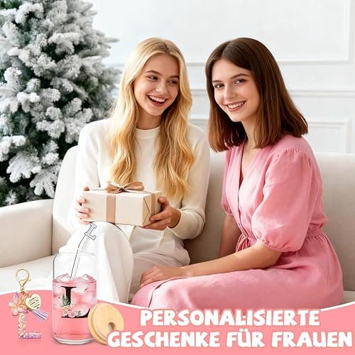 TUZELIYA M Personalisiert Personalisierte Geschenke mit Buchstaben – Glasbecher mit Deckel & Strohhalm + Schlüsselanhänger Buchstabe, Geschenk für Frauen & Mädchen, Geburtstag, Valentinstag thumbnail 7