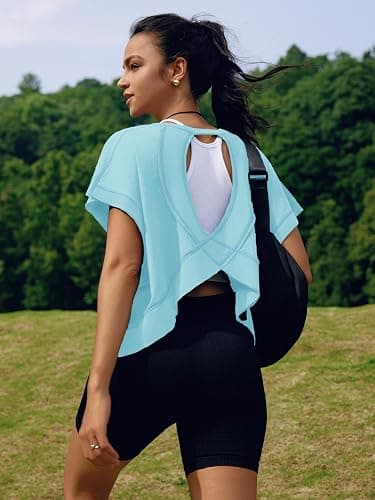 SENSERISE Womens Open Back Workout Tops Backless Short Sleeve Athletic Shirt Running Crop Top Gym Yoga Tee thumbnail 5
