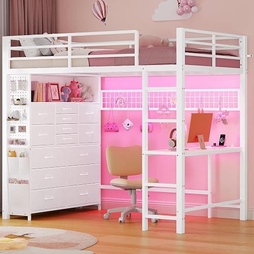 ADORNEVE Twin Loft Bed with Desk,14 Storage Drawers & Power Outlet, Kids Loft Bed Twin Size with LED Lights, Pegboard, Metal Loft Beds with Safety Guardrail & Ladder, Space Saving for Teens, White - Image 1
