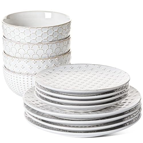 LE TAUCI Plates and Bowls Sets for 4, 12 Piece Ceramic Dinnerware Sets, Modern Stoneware Kitchen Dish Set, Chip Resistant, Microwave & Dishwasher Safe, Embossed, Arctic White - Image 1