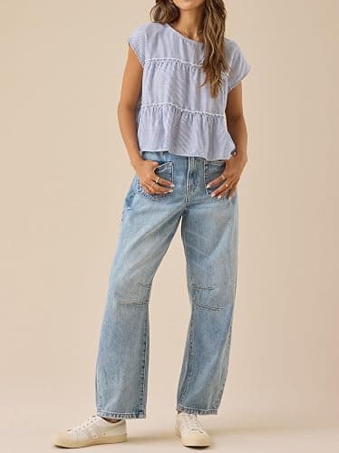 Foidiccx Womens Tiered Cute Boho Blouse Shirts Y2k Striped Ruched Flowy Ruffle Peplum Short Cap Sleeve Babydoll Crop Tops Tee thumbnail 6