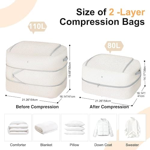 Easortm Comforter Storage Bag - 110L Large Capacity Blanket Storage Bags 2-Layer Ultra Space Saving Self Compression Organizer, Washable Compression Bags for Storage Comforter Blanket, 4-Pack, Beige thumbnail 3