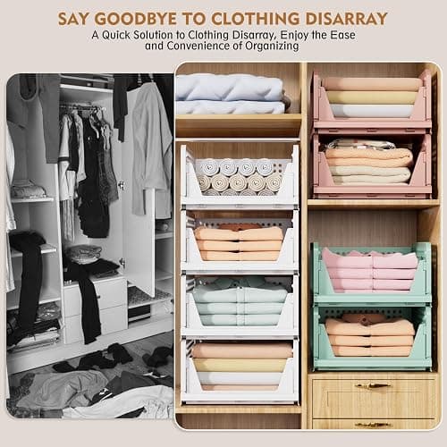 SNSLXH 5 Pack Stackable Closet Storage Basket, Multifunctional & Foldable Closet Organizer for Bathroom Kitchen Laundry Room Wardrobe Storage, Space-Saving Clothes Storage Drawer Organizer, White thumbnail 8