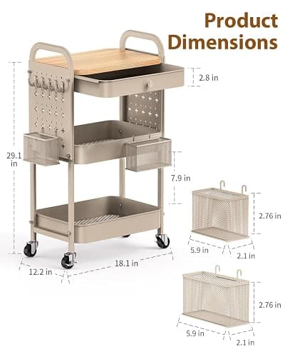 ALVOROG Rolling Cart with Drawer and Wood Table Top, 3 Tier Metal Rolling Utility Cart on Wheels with DIY Pegboards, Hanging Baskets, Hooks for Kitchen, Bedroom, Office, Craft Supplies thumbnail 3