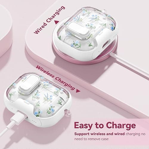 Skyconser with Safety Lock for Apple AirPods Pro 2nd 1st Case,Clear Floral Cute AirPods Pro 2 Case with Phone Stand & Cleaning Kit for Women Girly-Blue Narcissus thumbnail 5