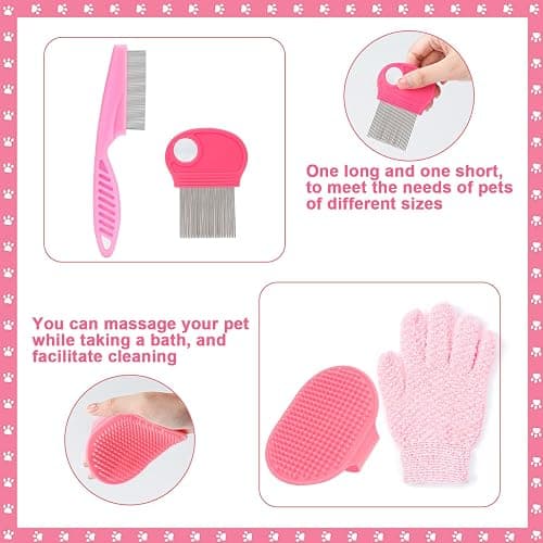 VCZONE Pink Small Animal Grooming Kit with Nail Clipper, Flea Comb, Shampoo Brush, Slicker Brush, Massage Glove for Rabbits thumbnail 6