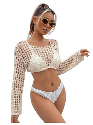SHENHE Women's Hollow Out Crochet Beach Cover Up Sheer Long Sleeve Crop Top | Beach, Summer, Vacation, Holiday, Rave thumbnail 4