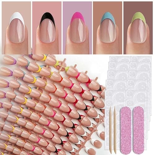 216 Pcs French Tip Press on Nails Meidum Almond Fake Nails 9 Color French Tips Glossy Acrylic Glue On Nails Full Cover Soft Gel False Nail Tips Kit for Women DIY Nail Art Manicure 12 Size thumbnail 3