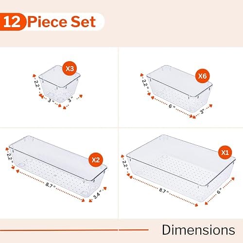 Stackzy Drawer Organiser Set – Makeup Organiser Tray for Drawers – Clear Cosmetics Container Tray for Bedroom – Utensil Cutlery Set Divider – Kitchen Storage & Organisation – 12pack thumbnail 2