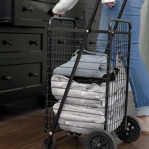 DMI Utility Cart with Wheels to be used for Shopping, Grocery, Laundry and Stair Climber Cart, Weighs 7.5 Pounds but holds up to 90 Pounds, Compact and Foldable, Black thumbnail 2